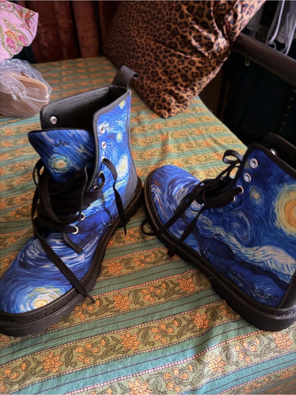 Blue Swirl Art Print Combat Boots - Picture 2 of 3